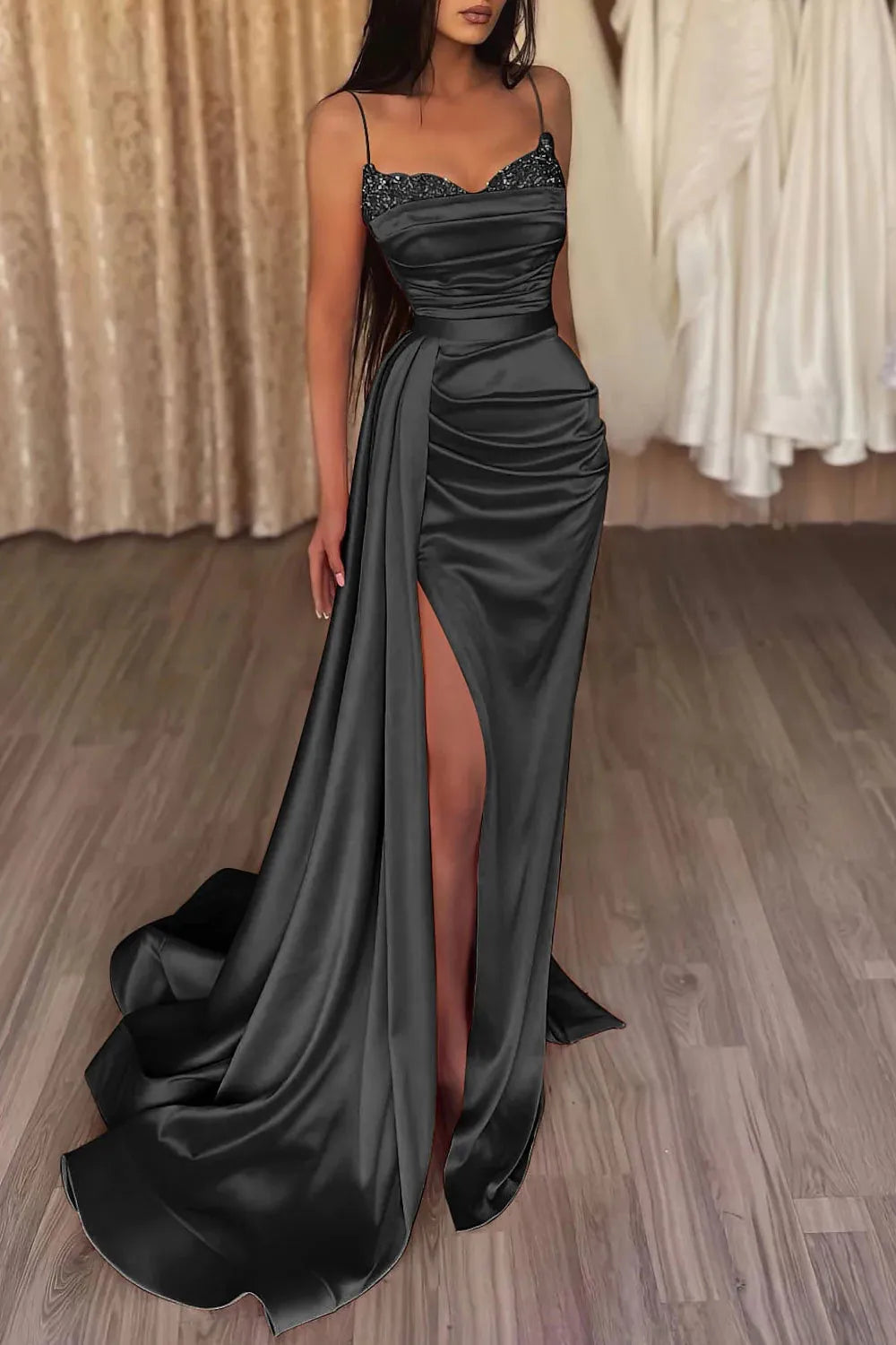 Mermaid Spaghetti Straps Long Prom Dress with Split Front