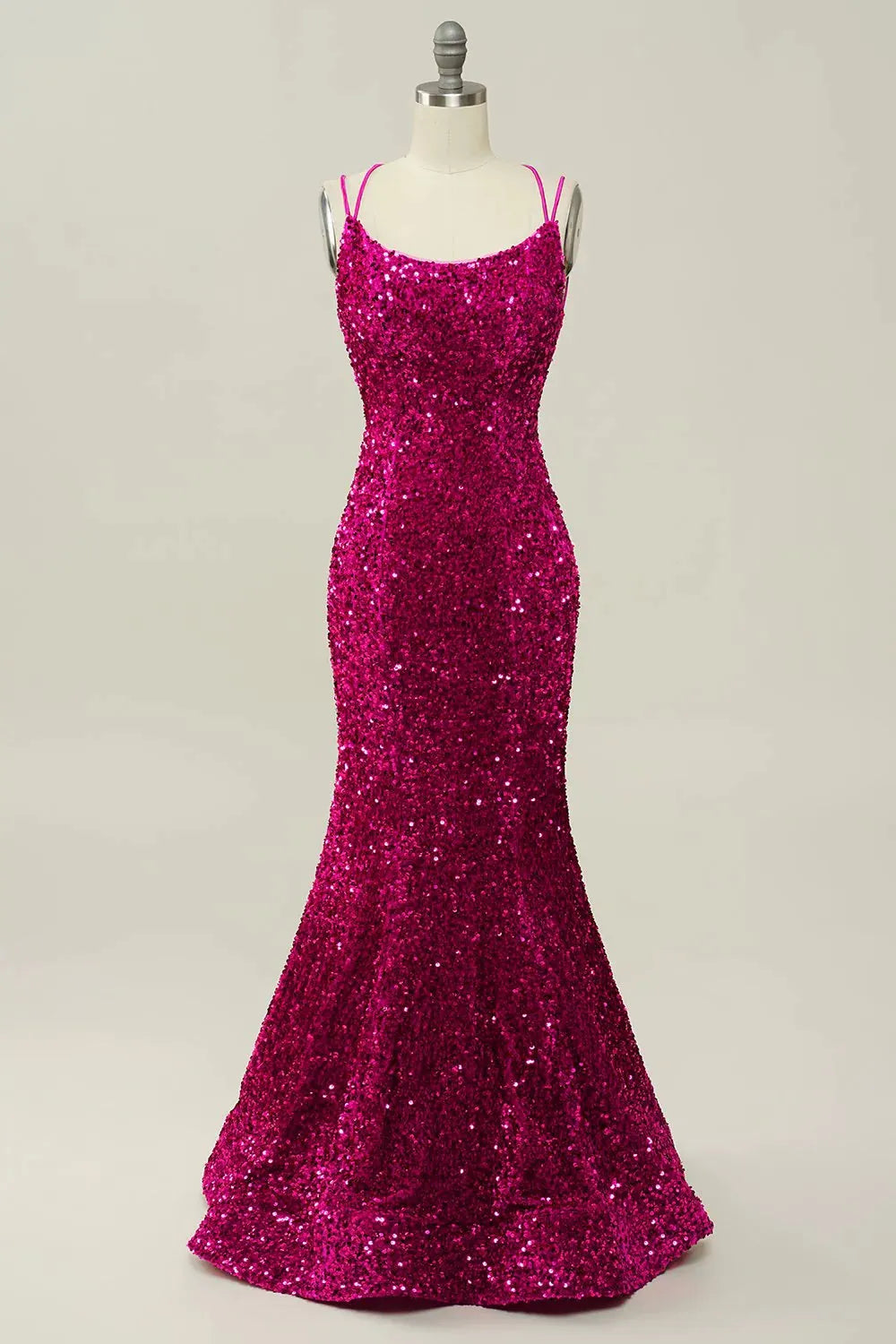 Mermaid Sequin Spaghetti Straps Prom Dress with Lace-up Back