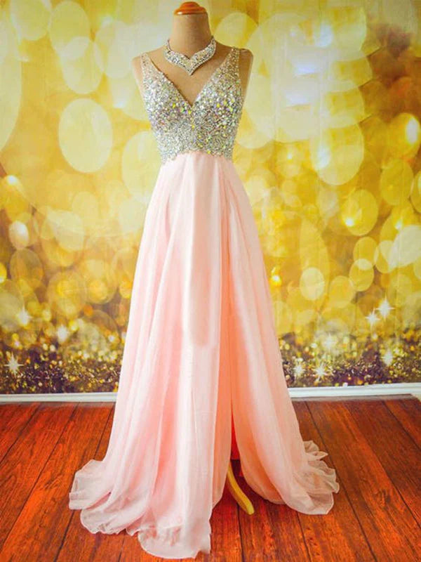 A Line V Neck Sleeveless Backless Long Prom Dresses V Neck Formal Dresses Evening Dresses