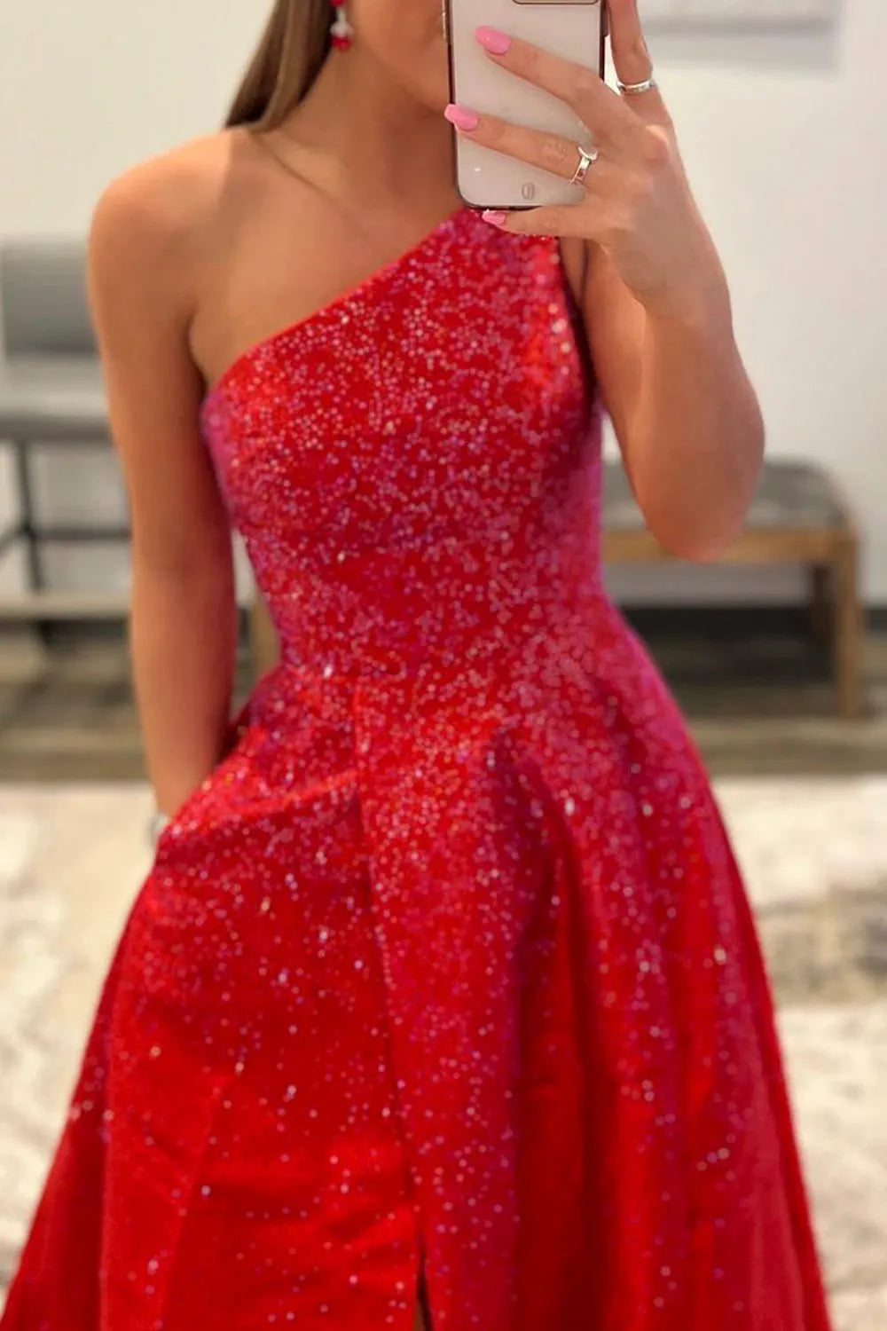 A-line One Shoulder Prom Dress with Slit
