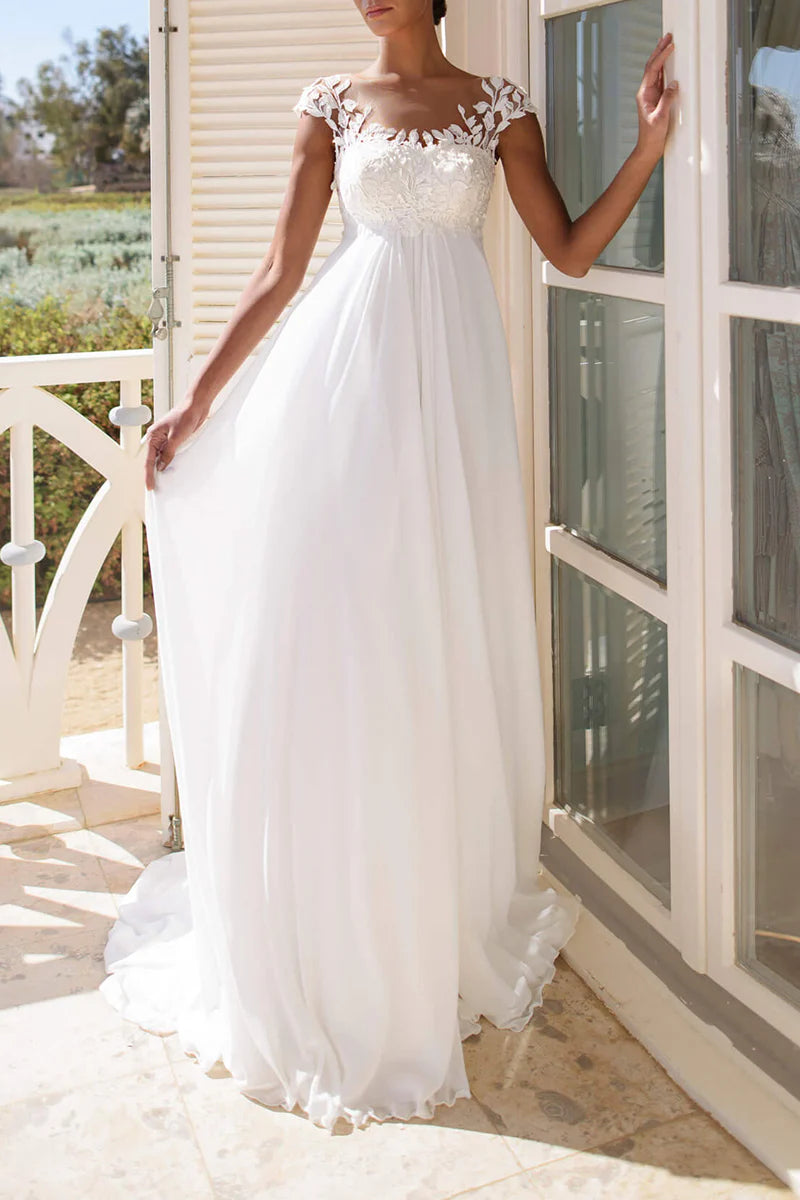 Side view of the A-line beach wedding dress, highlighting its flowing silhouette.