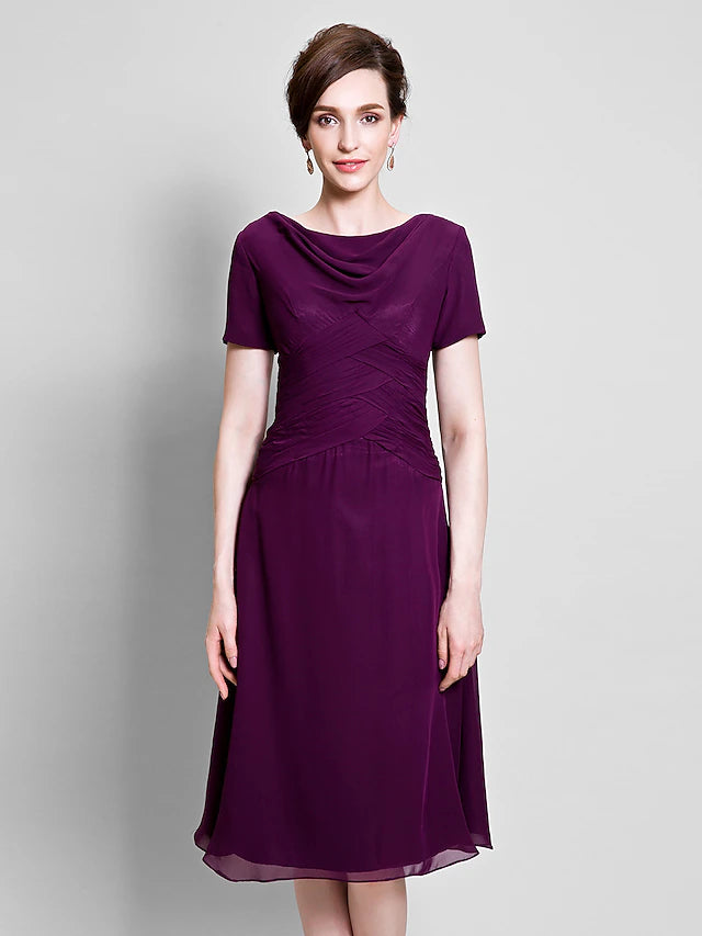 Full length view of the tea length A-Line dress, suitable for formal occasions.