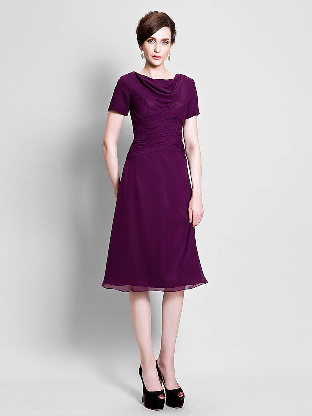 A-Line formal dress with short sleeves and cowl neck, showcasing the chiffon texture.