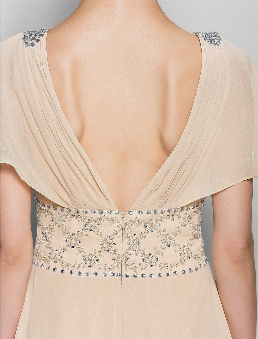 Side profile of the elegant A-line floor-length dress, showcasing its flowing chiffon fabric.