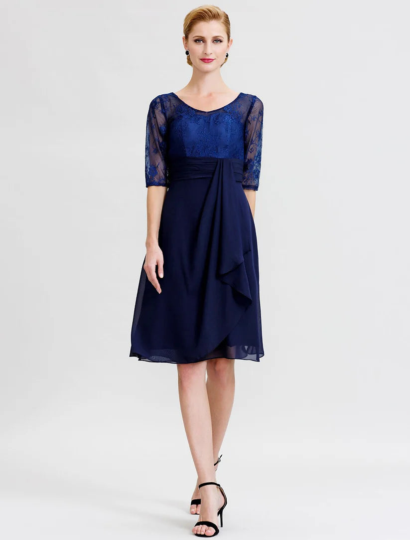 Side profile of the knee-length Mother of the Bride dress.