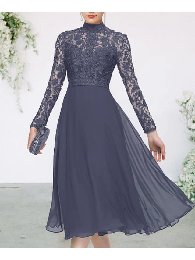 Side view of the elegant navy blue Mother of the Bride dress, highlighting the A-line silhouette and tea length.