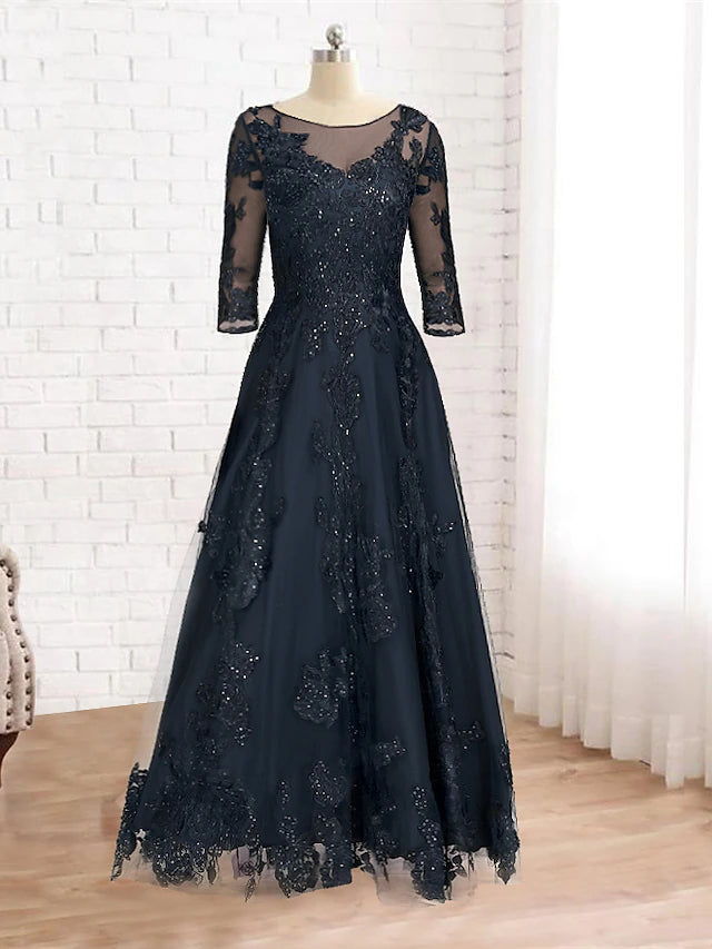 Elegant A-Line Mother of the Bride dress with jewel neck and 3/4 sleeves.