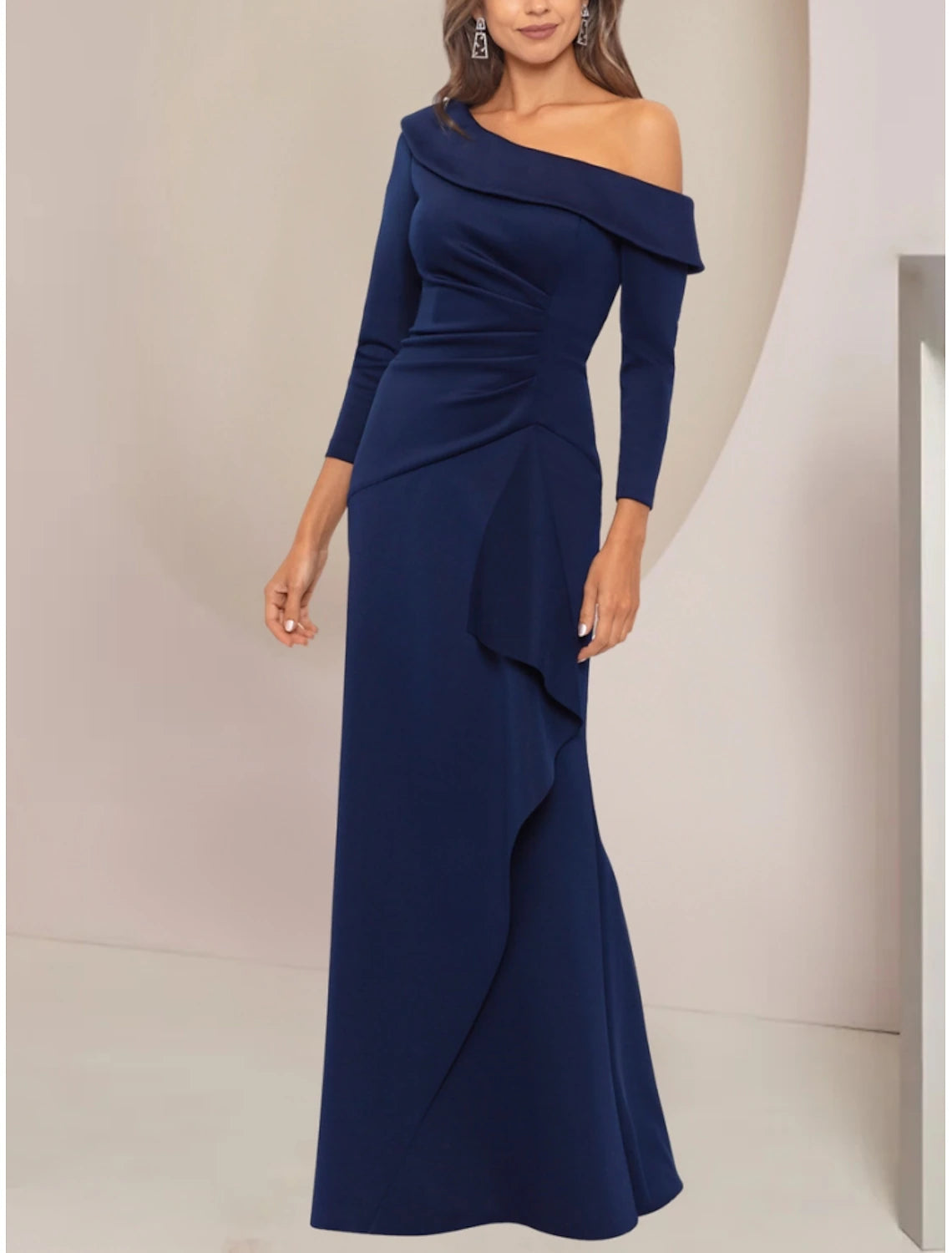 Elegant A-Line Mother of the Bride dress with bateau neck, 3/4 sleeves, and beading on chiffon fabric.