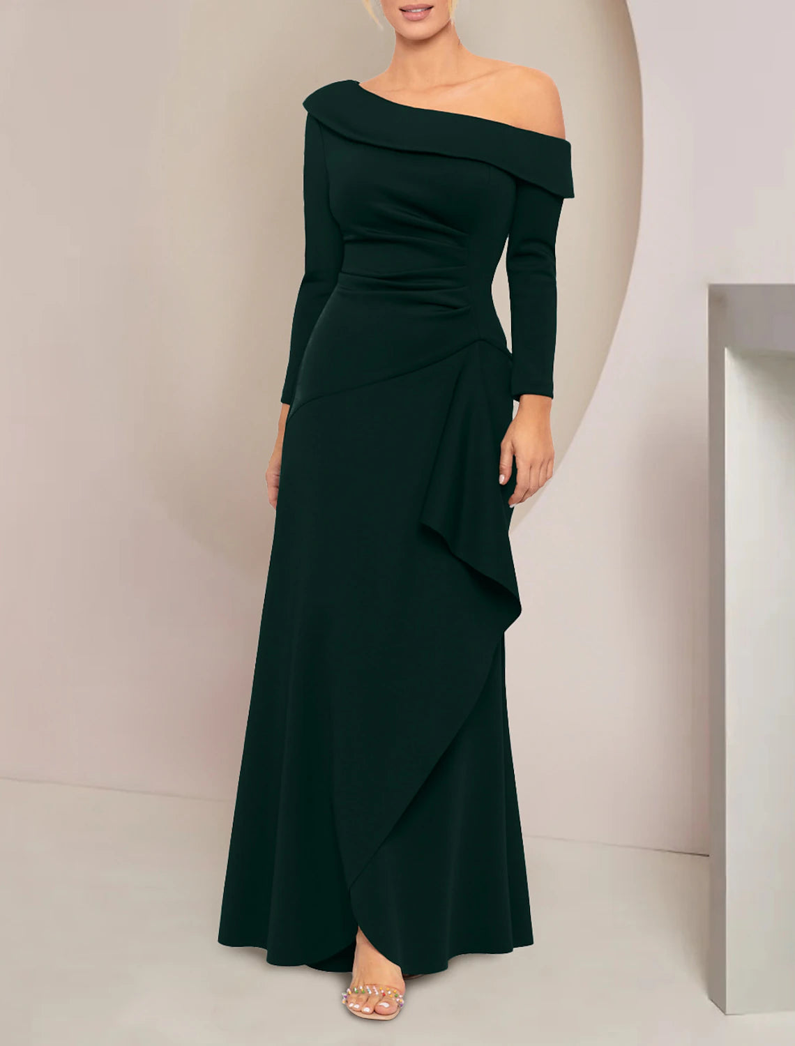 Back view of the A-Line chiffon formal dress with a modest neckline.