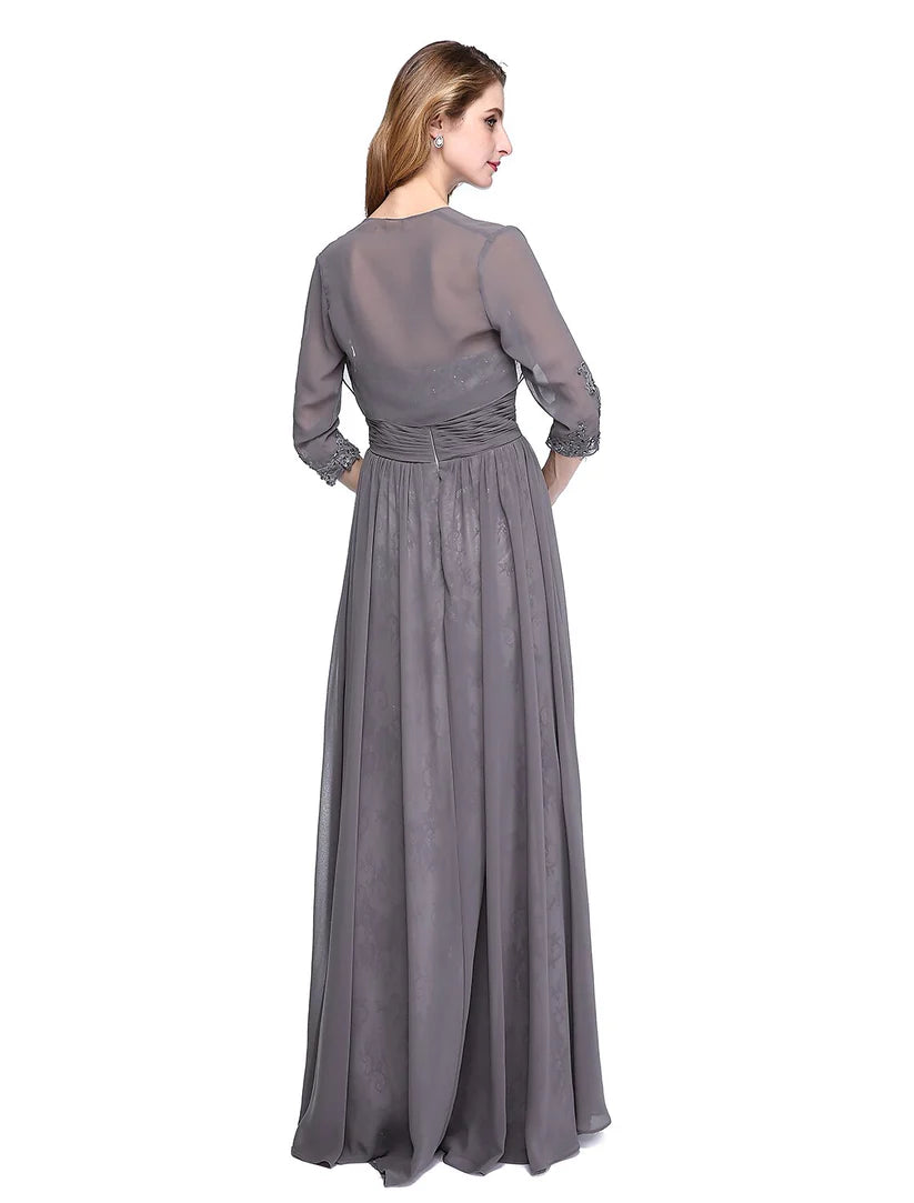 Back view of elegant A-line strapless chiffon gown with beaded lace.