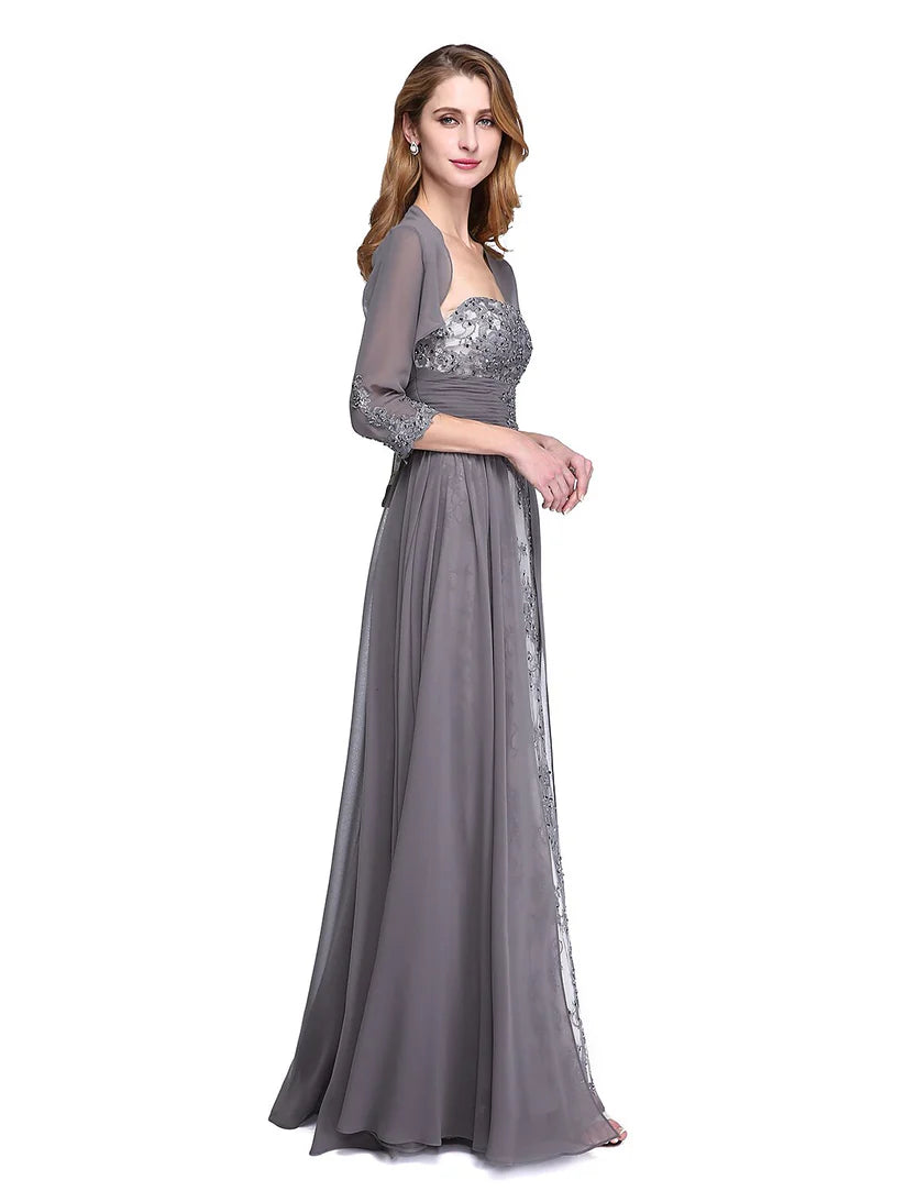 Side profile of Mother of the Bride dress, showing ruched bodice and flowing skirt.