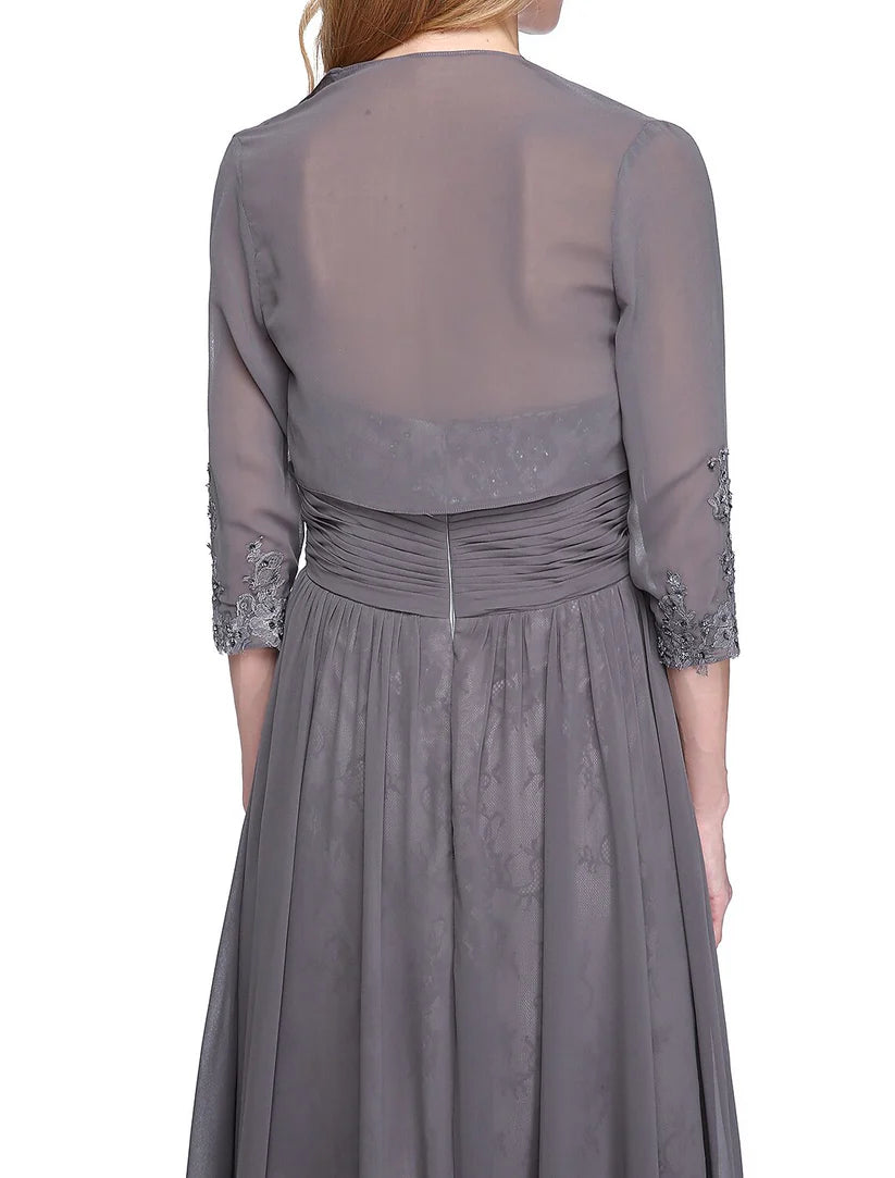 Full length view of the A-line chiffon gown, highlighting its elegant silhouette.