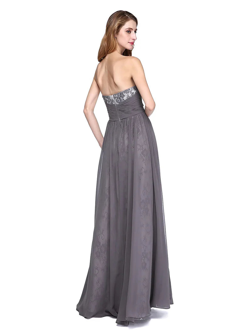 Front view of the strapless floor-length A-line gown, perfect for formal events.