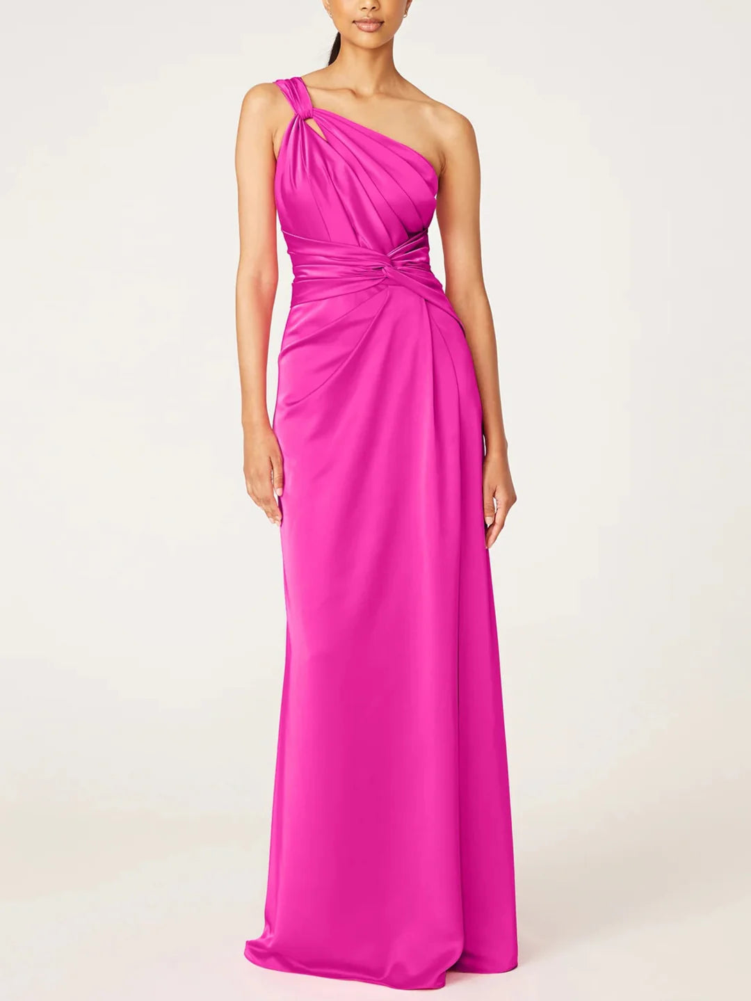 Front view of an A-line one-shoulder floor-length evening gown.