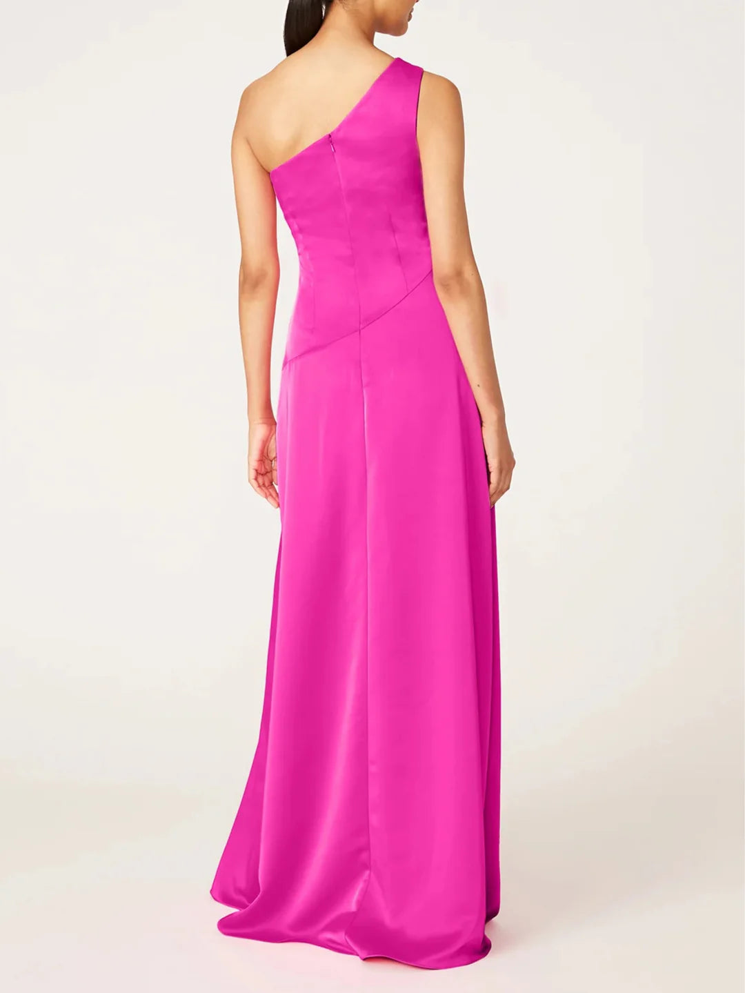 Back view of an A-line one-shoulder floor-length evening gown.