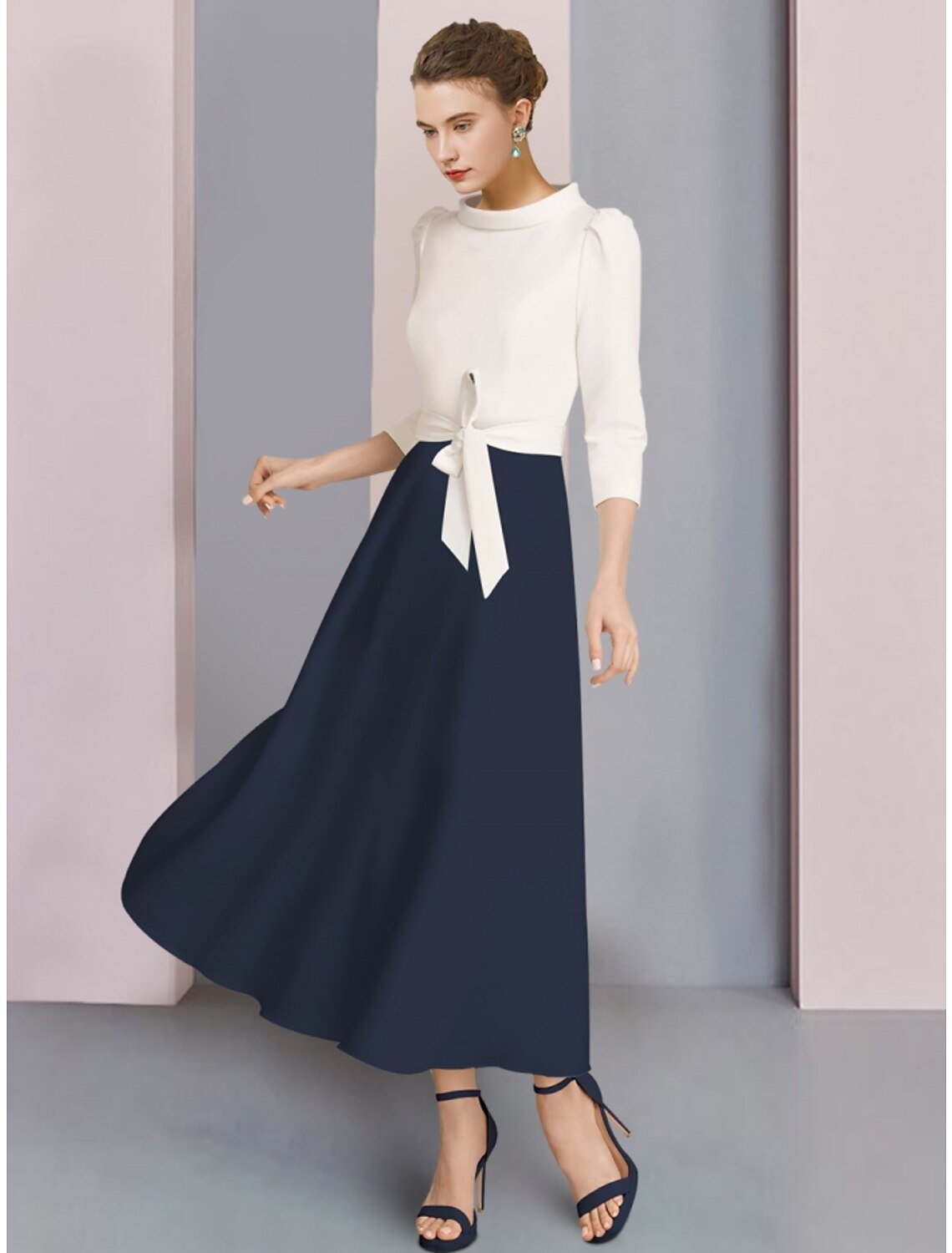 A-Line Mother of the Bride dress with scoop neck and 3/4 sleeves.