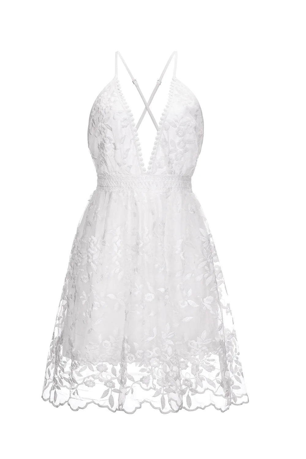 Back view of a white short wedding dress showing cross straps.
