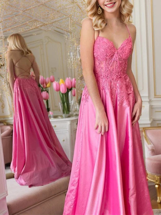 Elegant A-Line spaghetti strap floor-length formal dress.