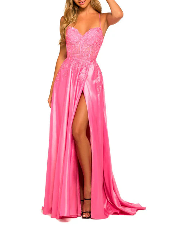 Back view of an A-Line spaghetti strap floor-length formal dress.