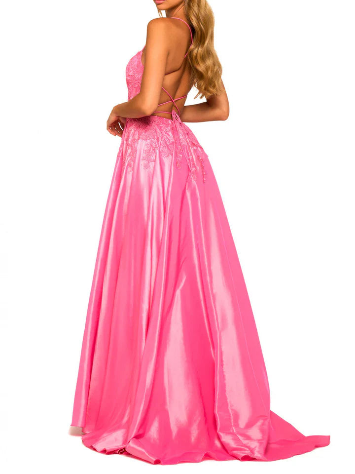 Close-up of the bodice and spaghetti straps on an A-Line formal dress.