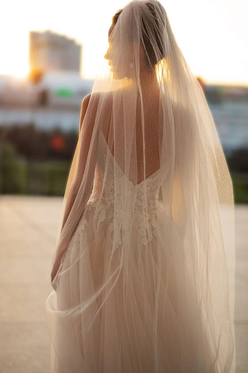 Back view of an A-line wedding dress featuring spaghetti straps and lace.