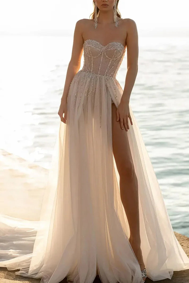 Full view of an A-line sweetheart beaded wedding dress, showcasing its elegant silhouette.