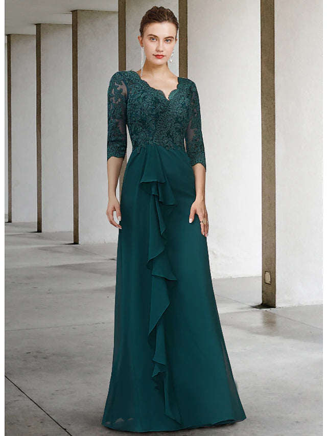 Elegant A-Line Mother of the Bride dress with V-neck, half sleeves, chiffon lace, and draping appliques.