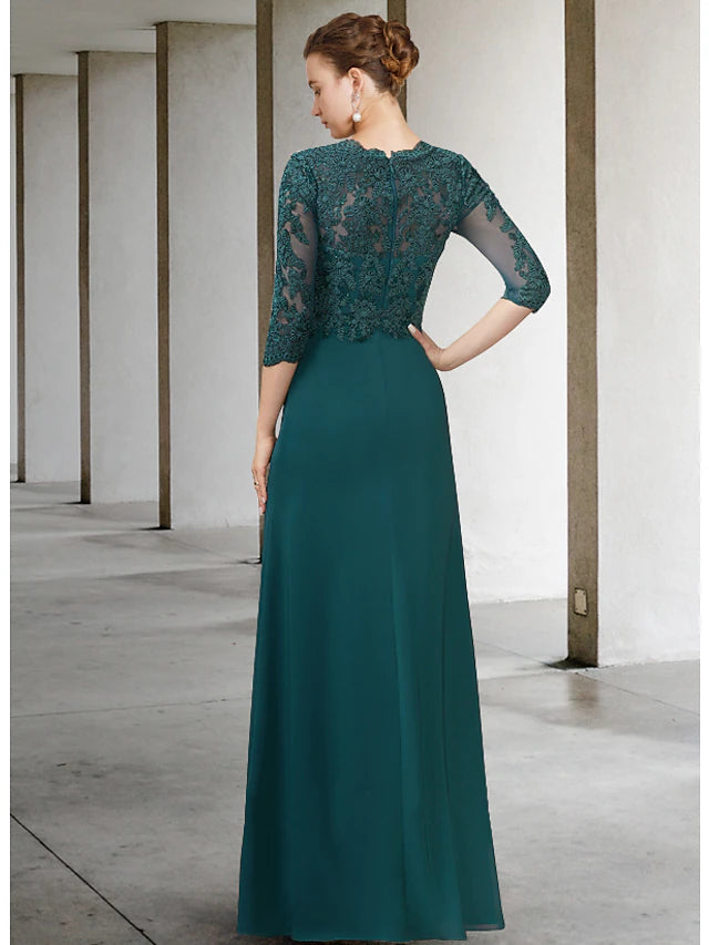 Side view of A-Line Mother of the Bride dress, featuring V-neck, half sleeves, and chiffon lace details.