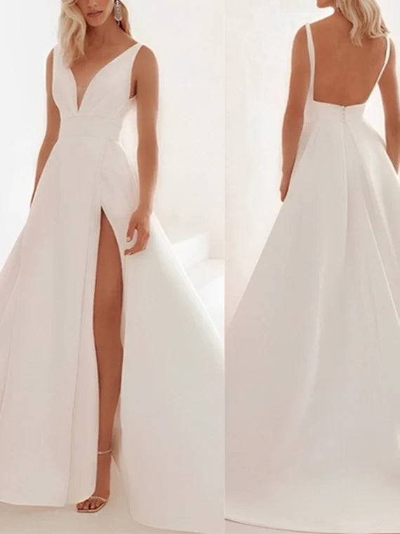 A-Line V-Neck floor-length wedding dress, front view.
