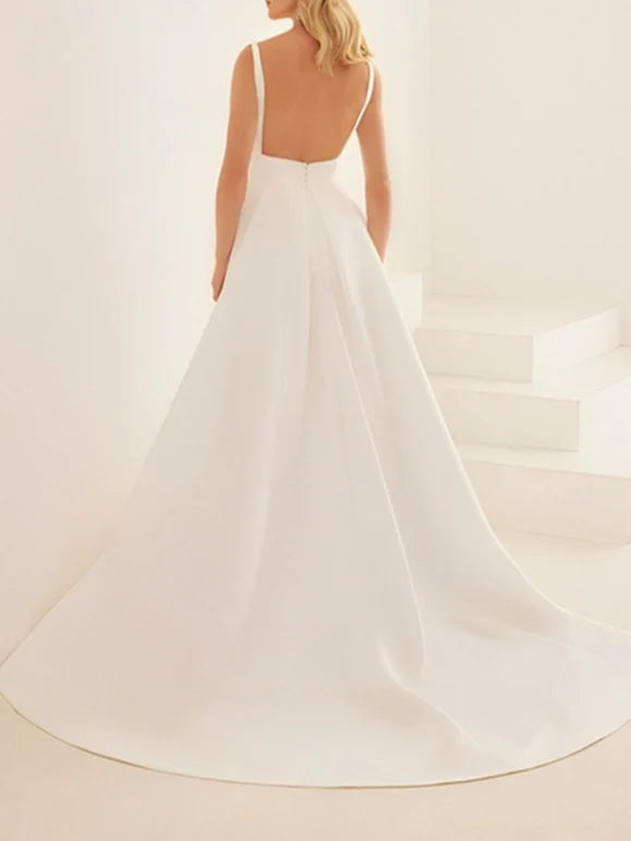Elegant V-Neck wedding dress, close-up detail.