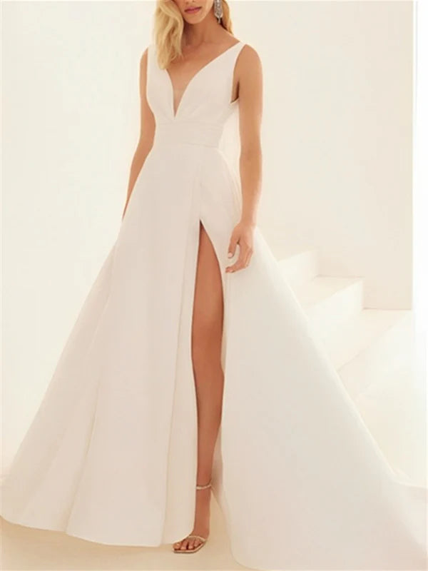 A-Line V-Neck floor-length wedding dress, full view.