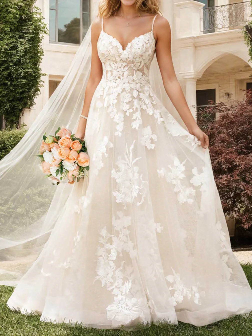 Elegant A-Line V-Neck floor-length wedding dress.