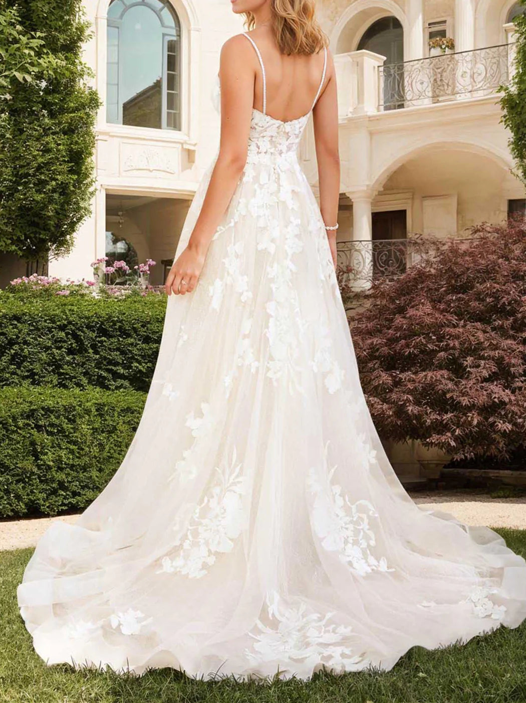 A-Line V-Neck bridal gown with floor-length silhouette.