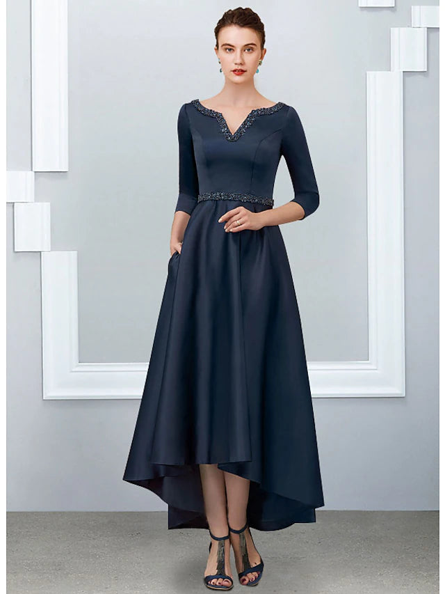 A-Line Mother of the Bride dress in satin with V-neck and half sleeves, front view.
