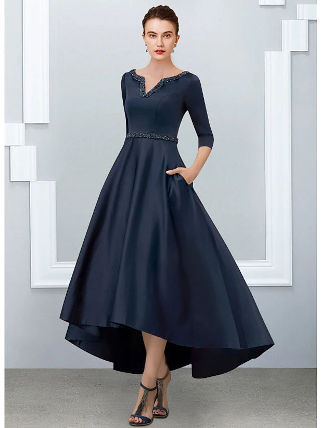 Side view of the A-Line satin Mother of the Bride dress, showing high-low hem.