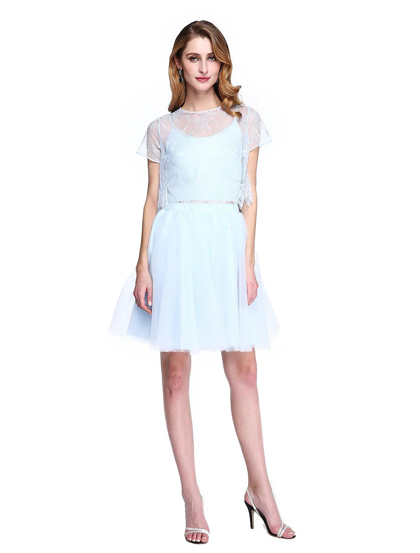 A-Line V-Neck lace and tulle formal dress with short sleeves.
