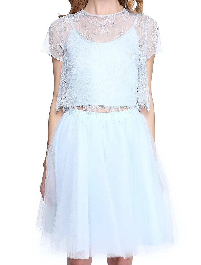 A-Line V-Neck lace and tulle formal dress with short sleeves.