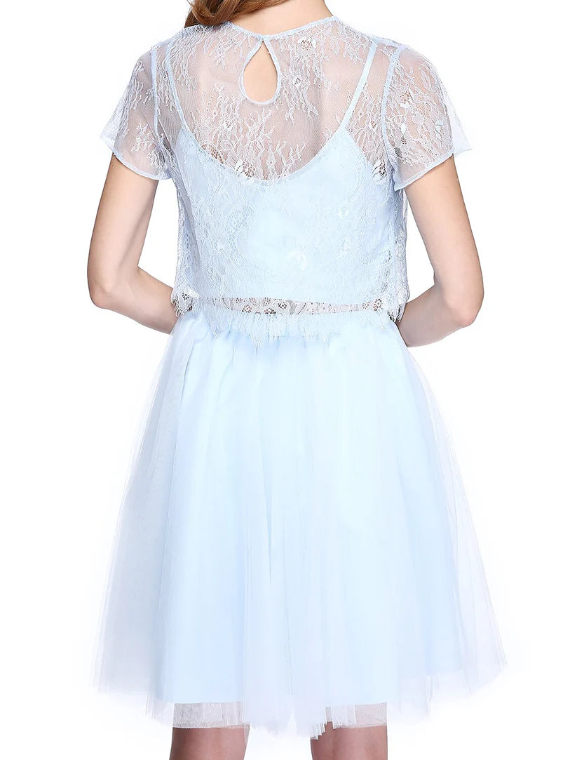 A-Line V-Neck lace and tulle formal dress with short sleeves.