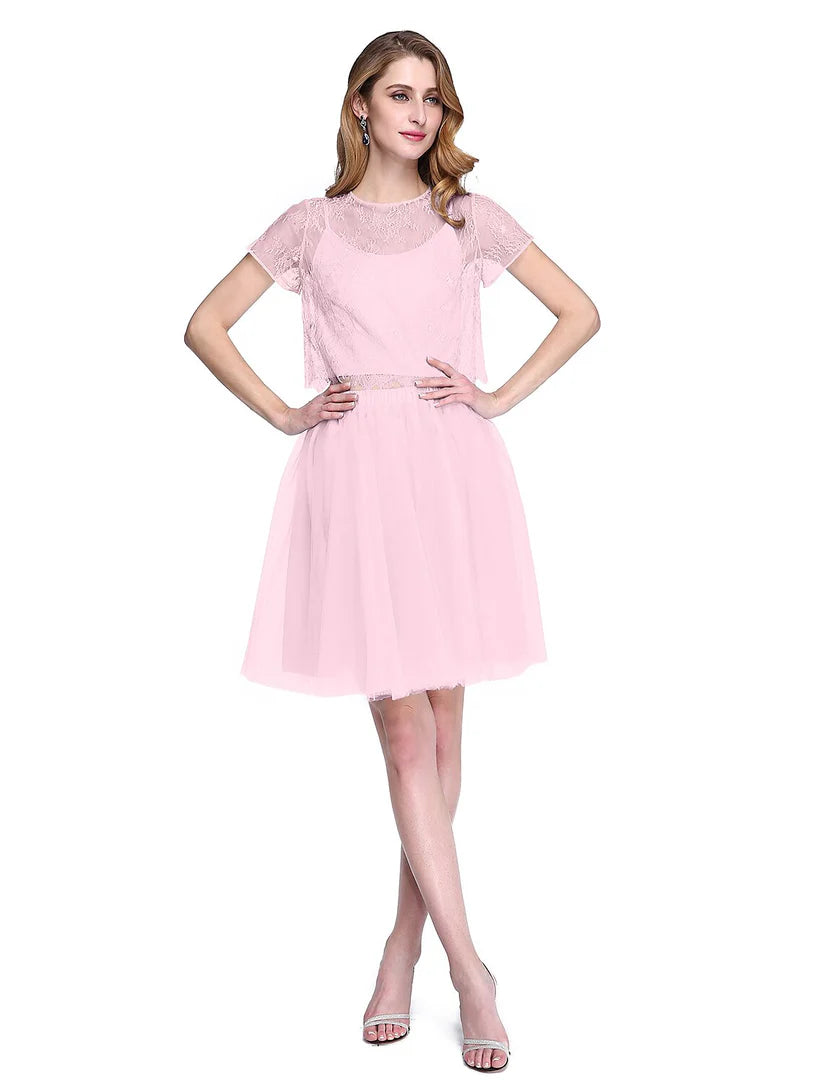 A-Line V-Neck lace and tulle formal dress with short sleeves.
