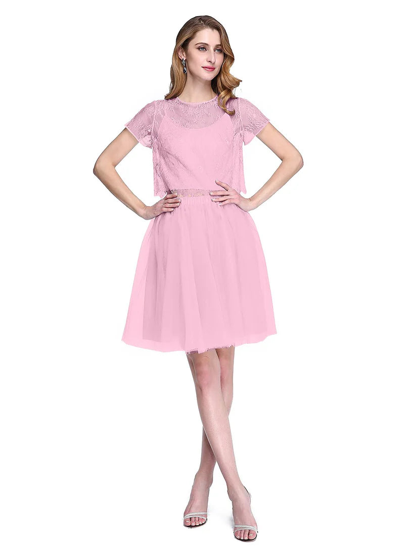 A-Line V-Neck lace and tulle formal dress with short sleeves.