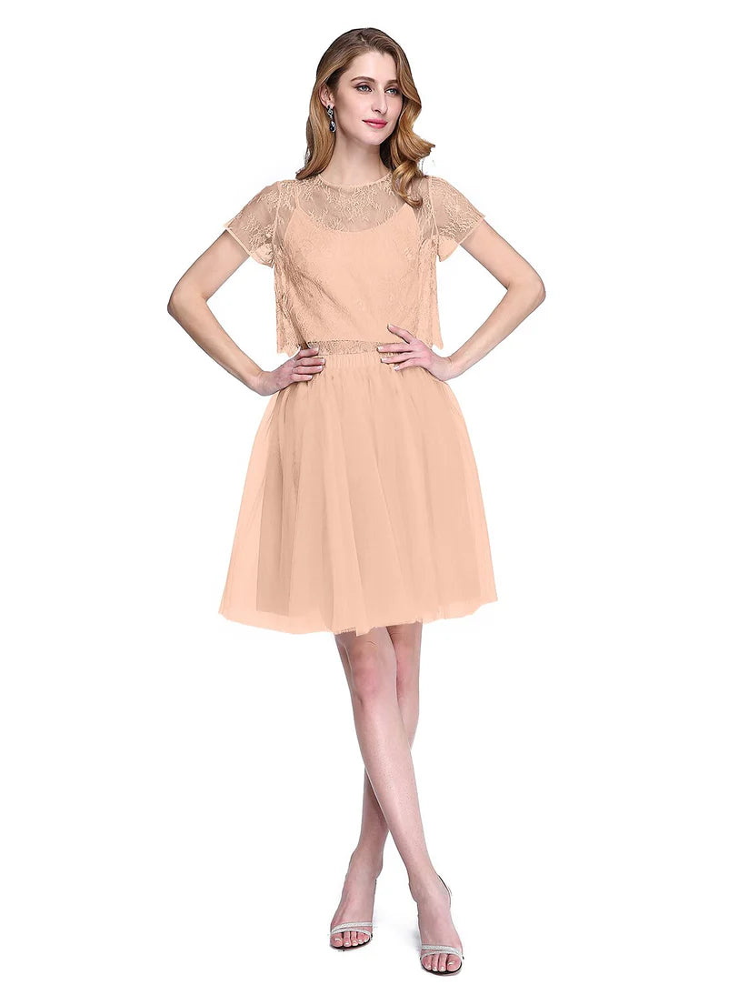 A-Line V-Neck lace and tulle formal dress with short sleeves.