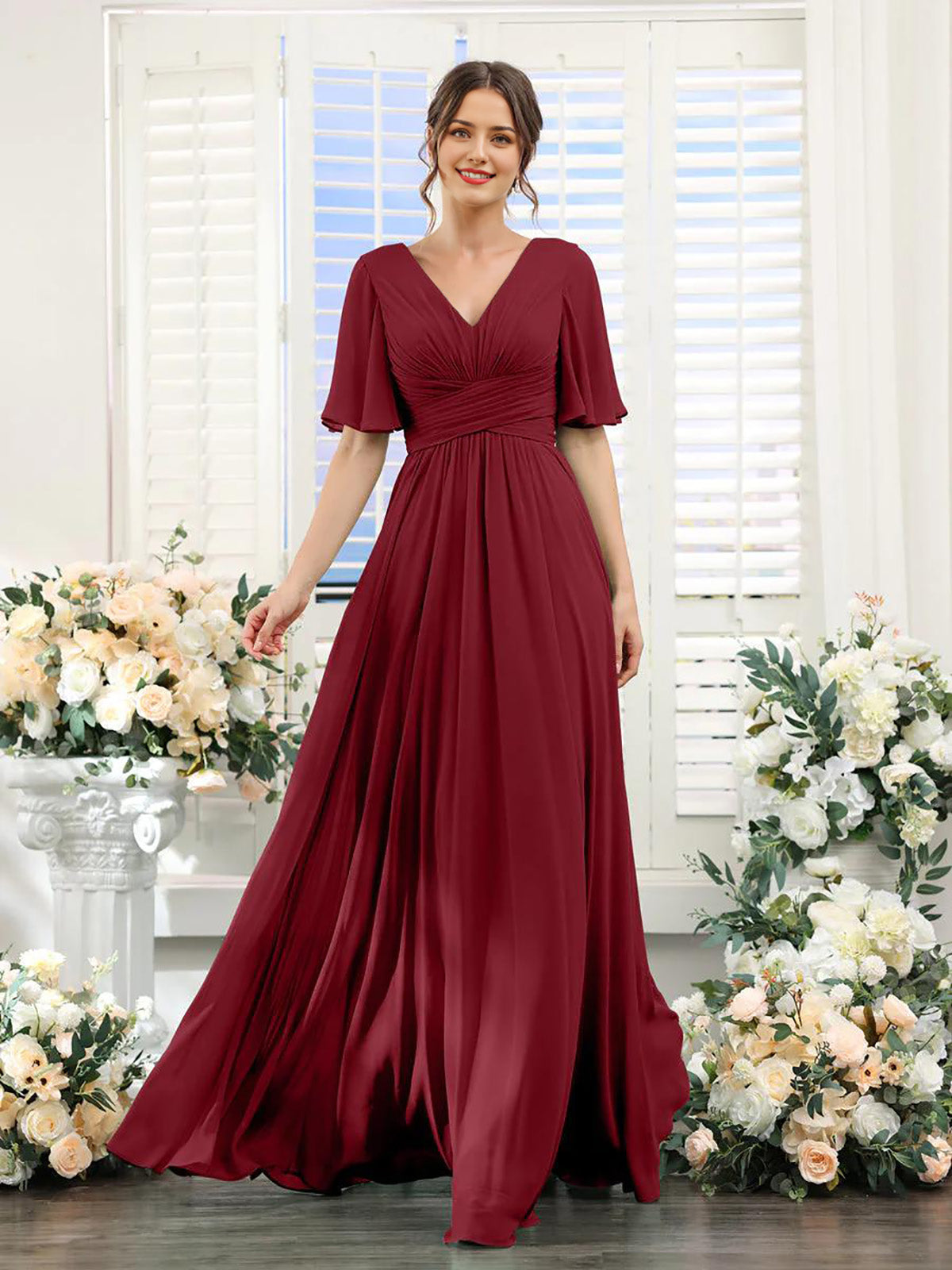 A-Line V-Neck long sleeve chiffon dress in Wine Red.