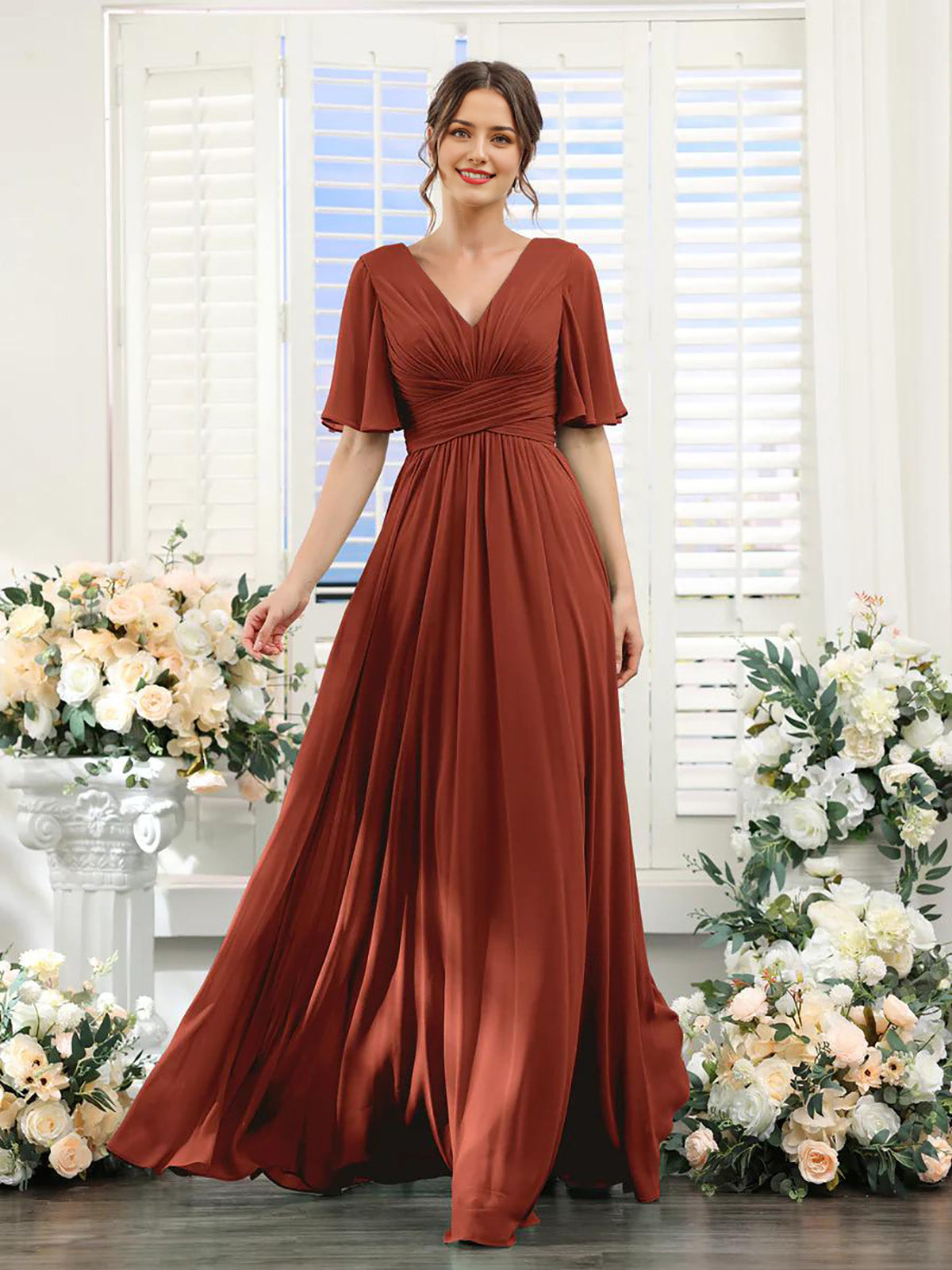A-Line V-Neck long sleeve chiffon dress in Rust.