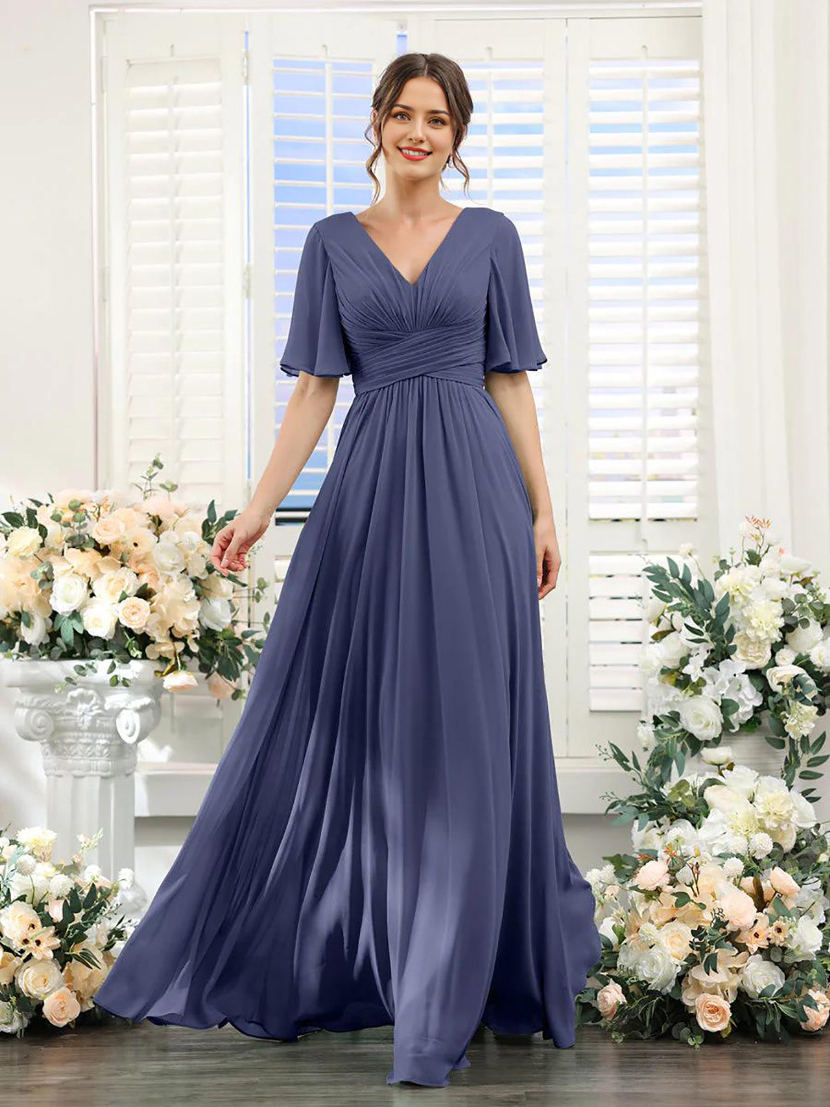 A-Line V-Neck long sleeve chiffon dress in Stormy Blue.