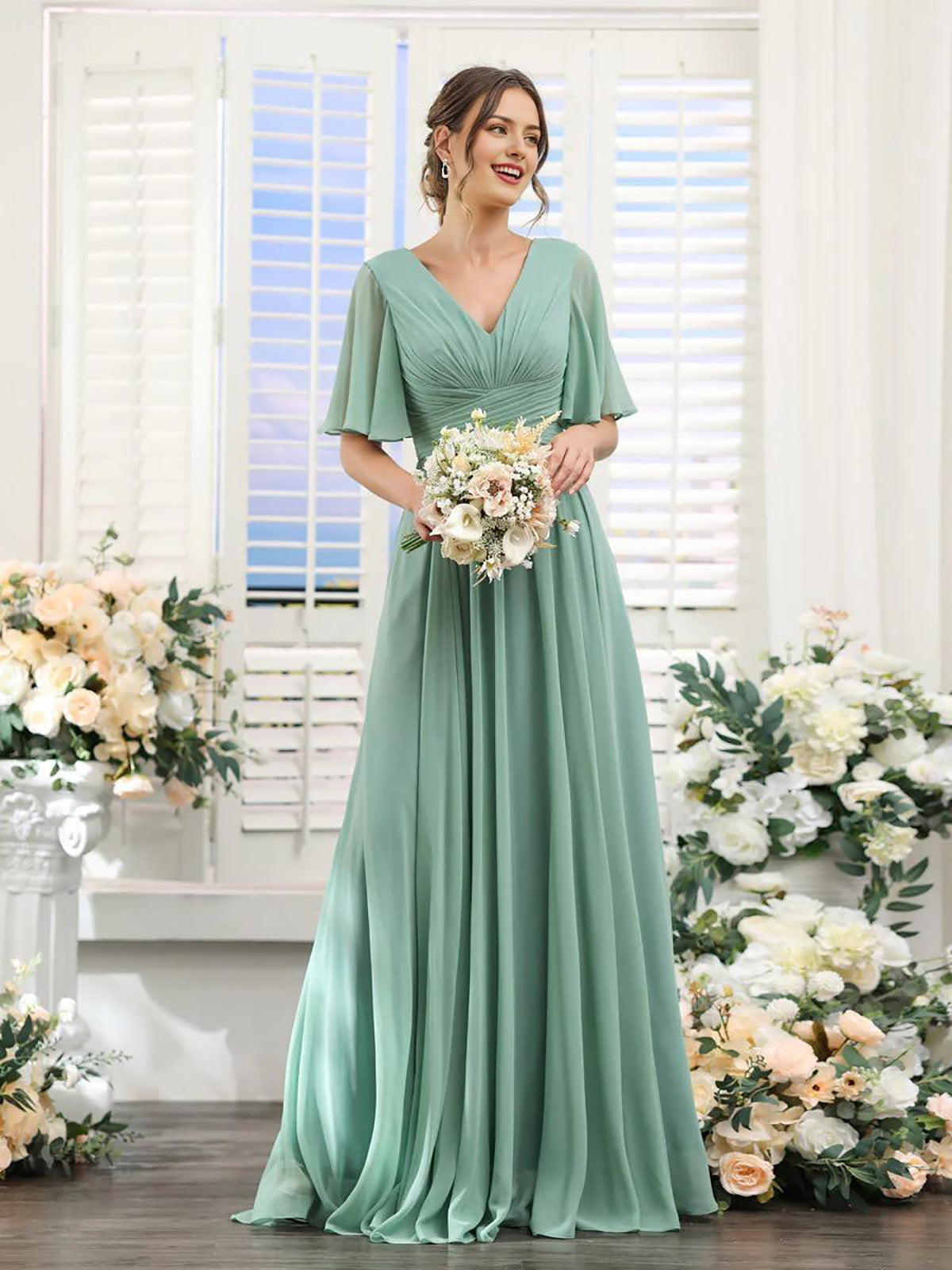 A-Line V-Neck long sleeve chiffon dress in Dark Sage.