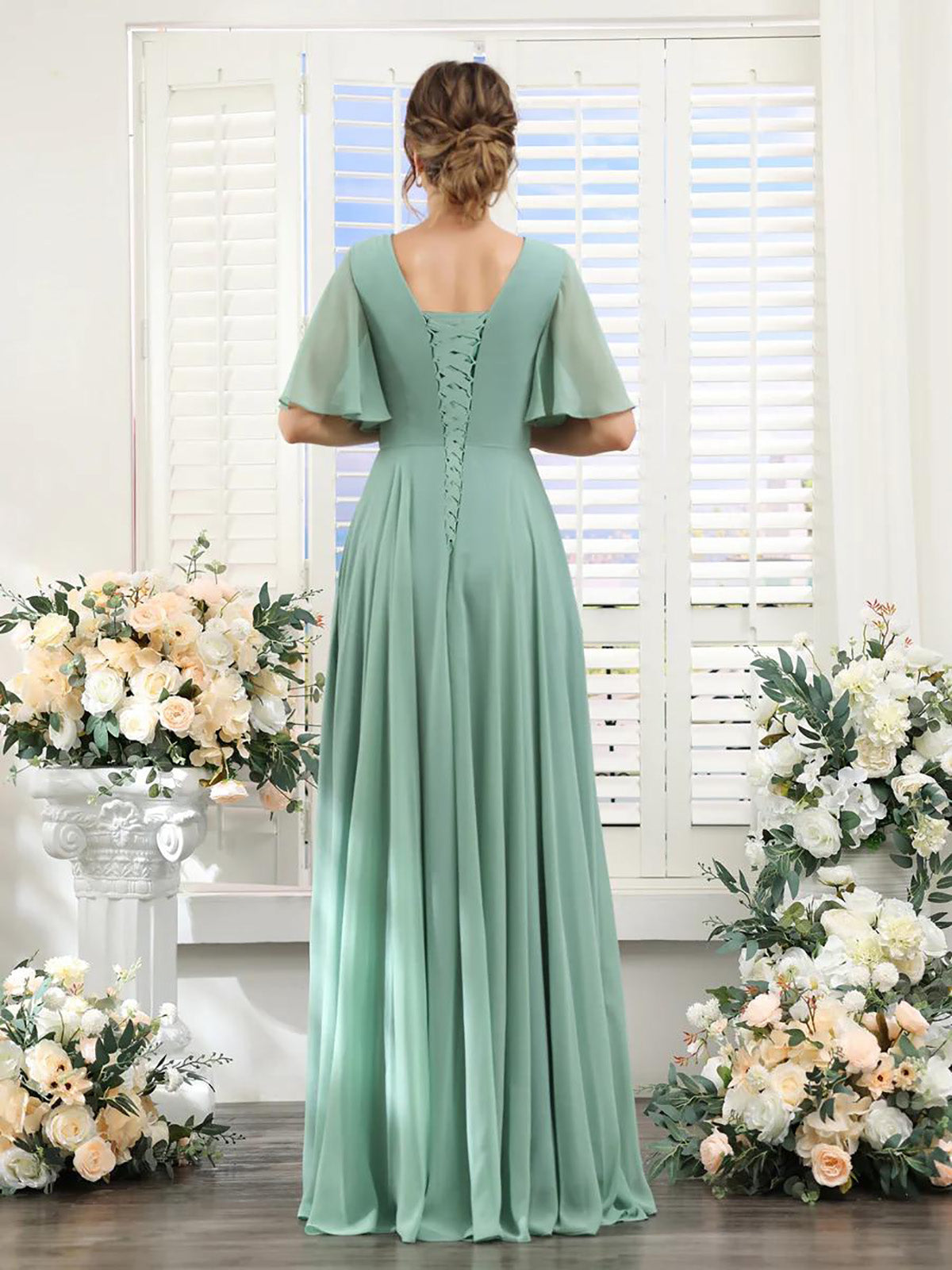 A-Line V-Neck long sleeve chiffon dress in Dark Sage.