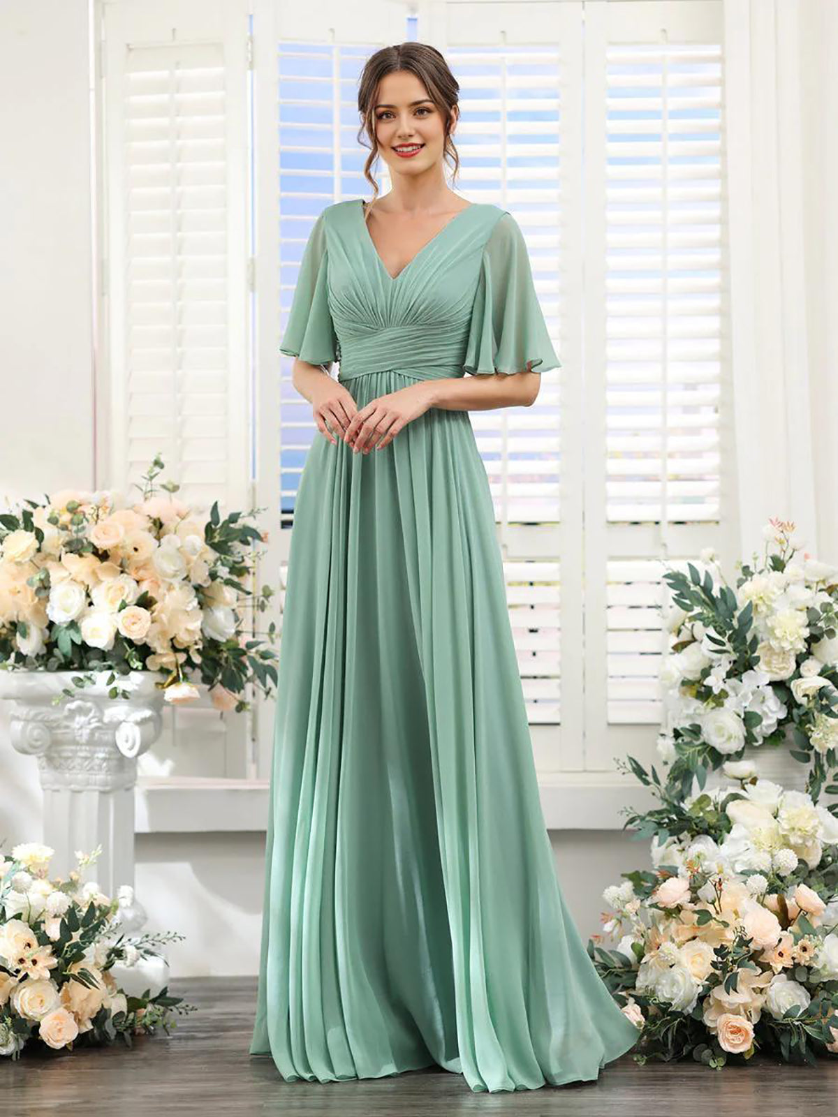 A-Line V-Neck long sleeve chiffon dress in Dark Sage.