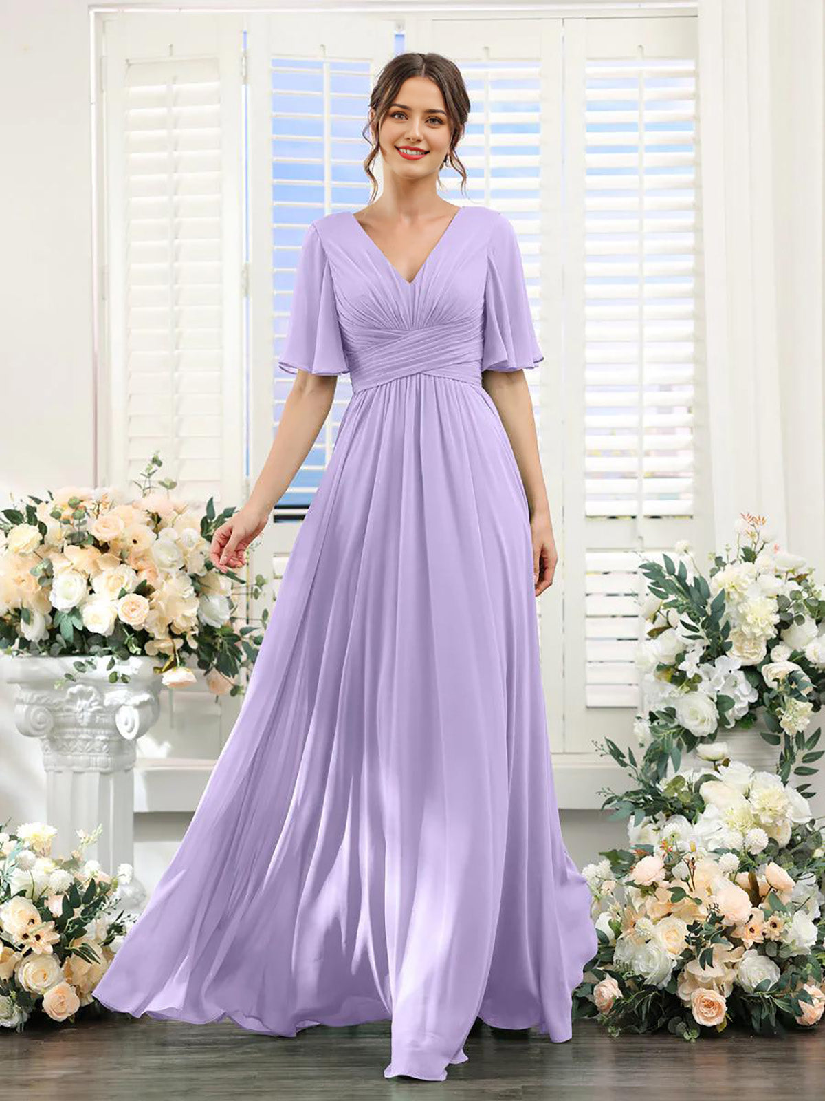 Lilac A-Line V-Neck long sleeve chiffon formal dress.