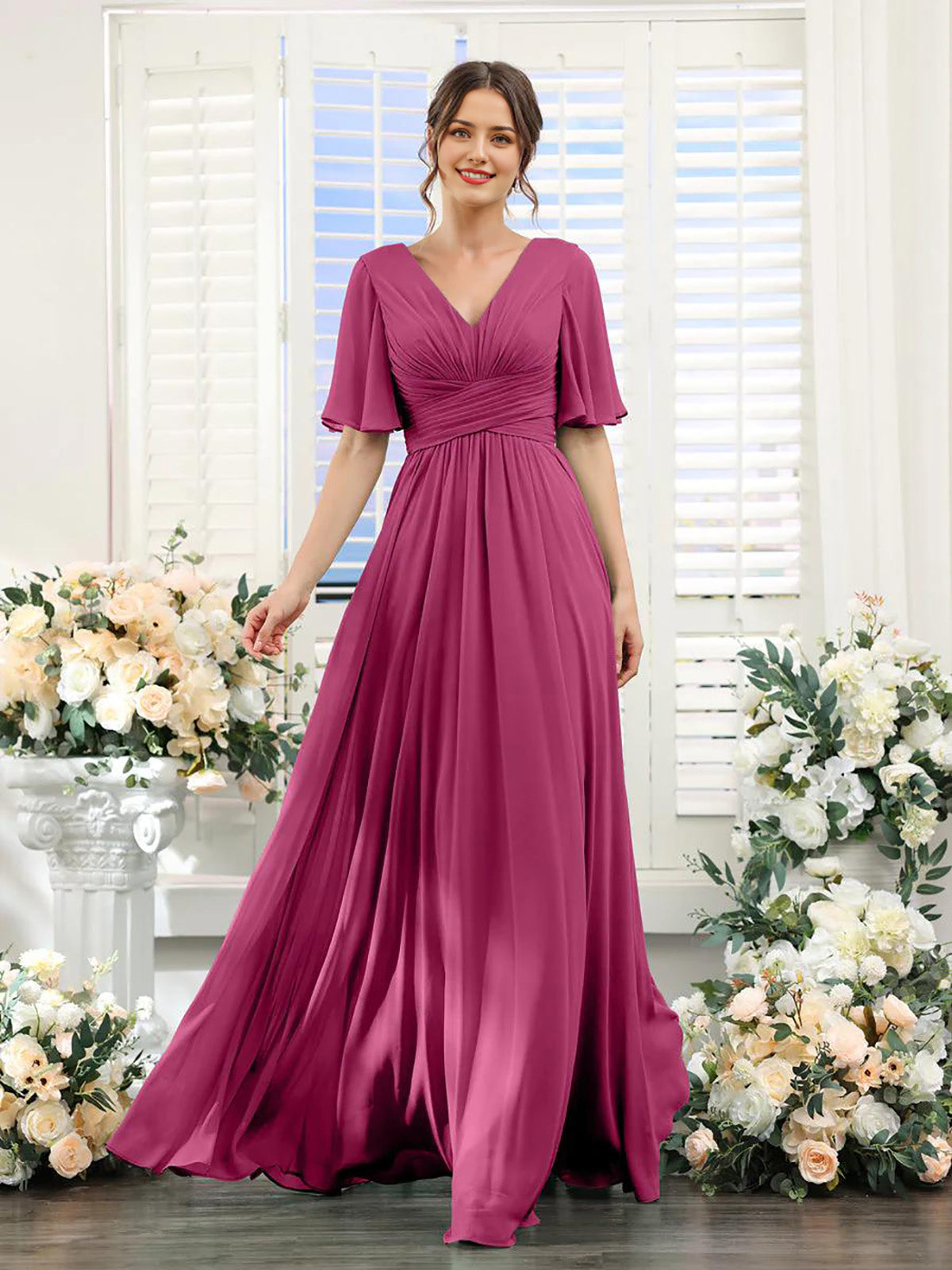 Fuchsia A-Line V-Neck long sleeve chiffon formal dress.
