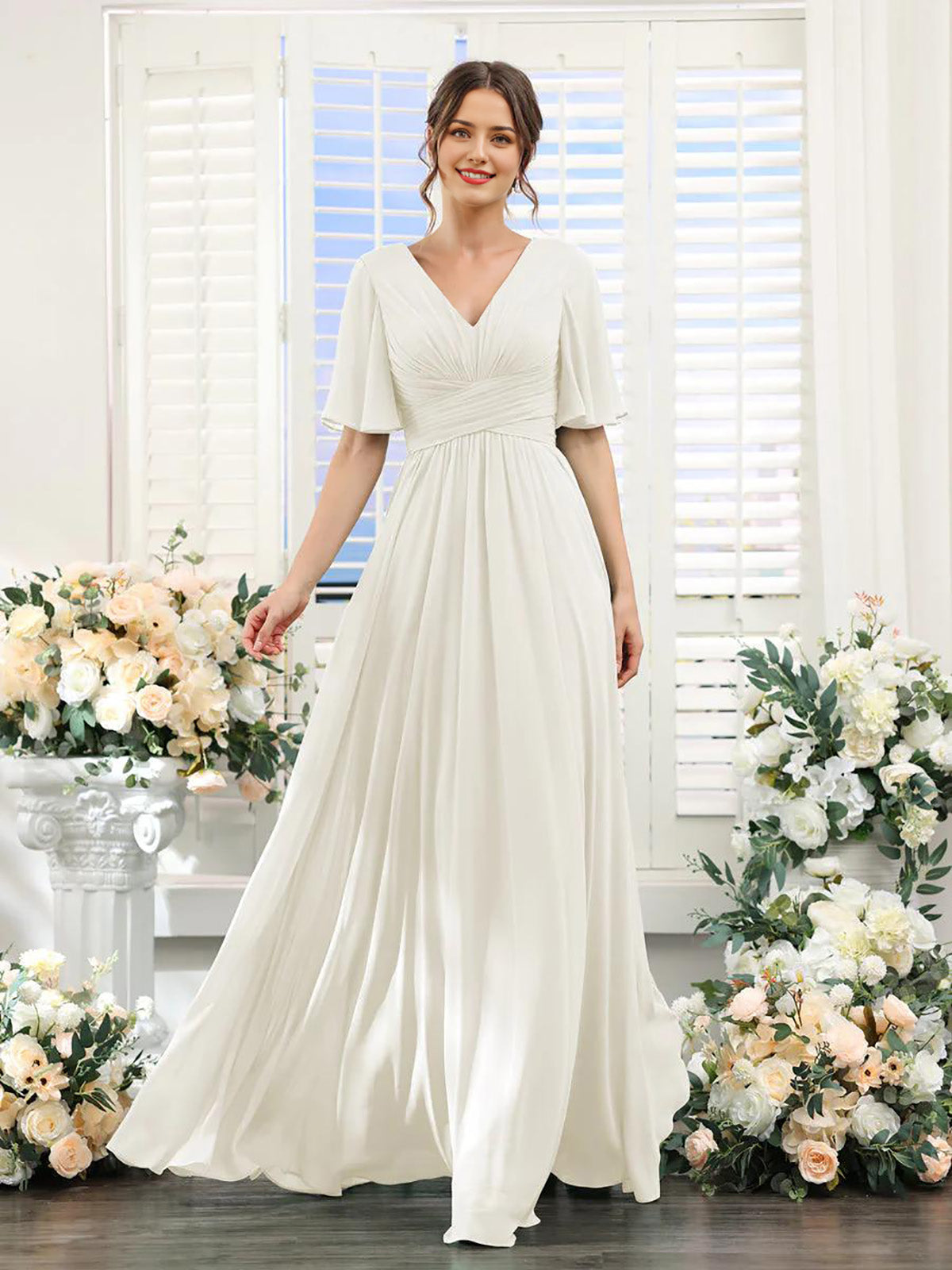 Ivory A-Line V-Neck long sleeve chiffon formal dress.